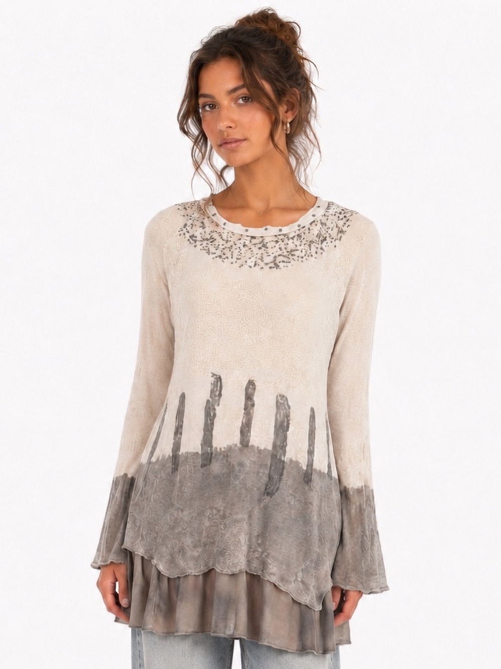 Y2K Point Zero Paisley Sequin Layered Tunic Sweater Top Ombre Romantic Boho Sm